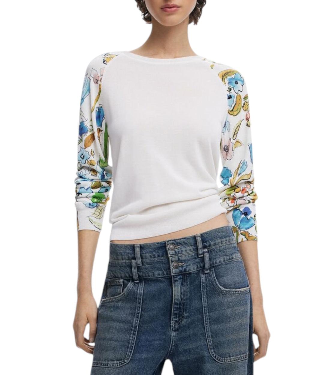 Desigual Witte Trui Met Bloemenmouwen