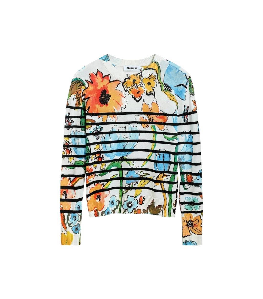 Desigual Witte Gestreepte Floral Trui