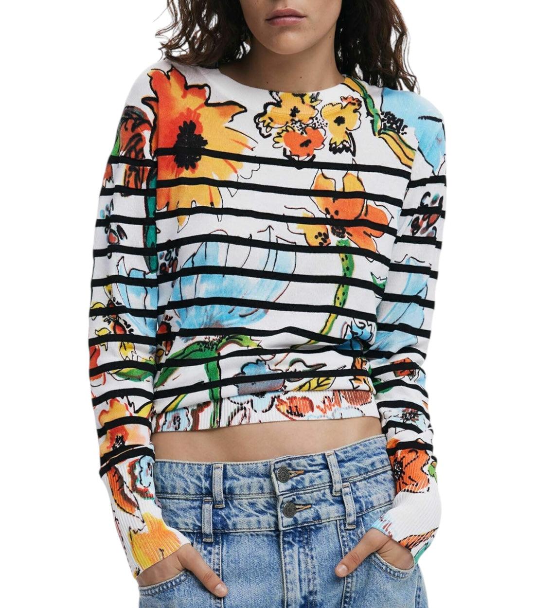 Desigual Witte Gestreepte Floral Trui