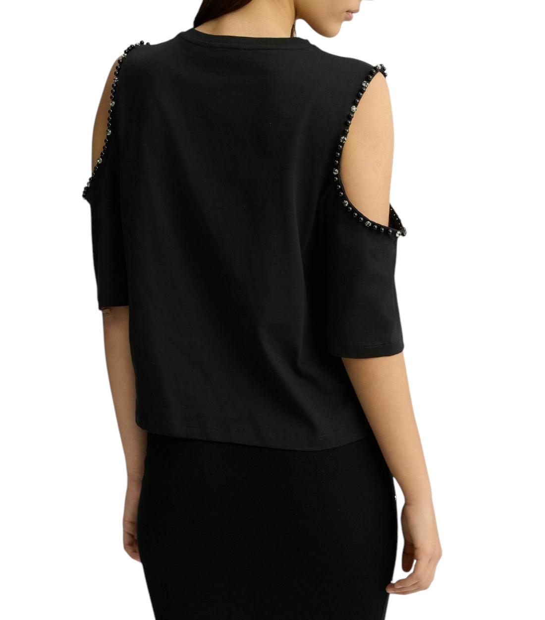 Liu Jo Zwart Open Mouw T-shirt Met Kralen