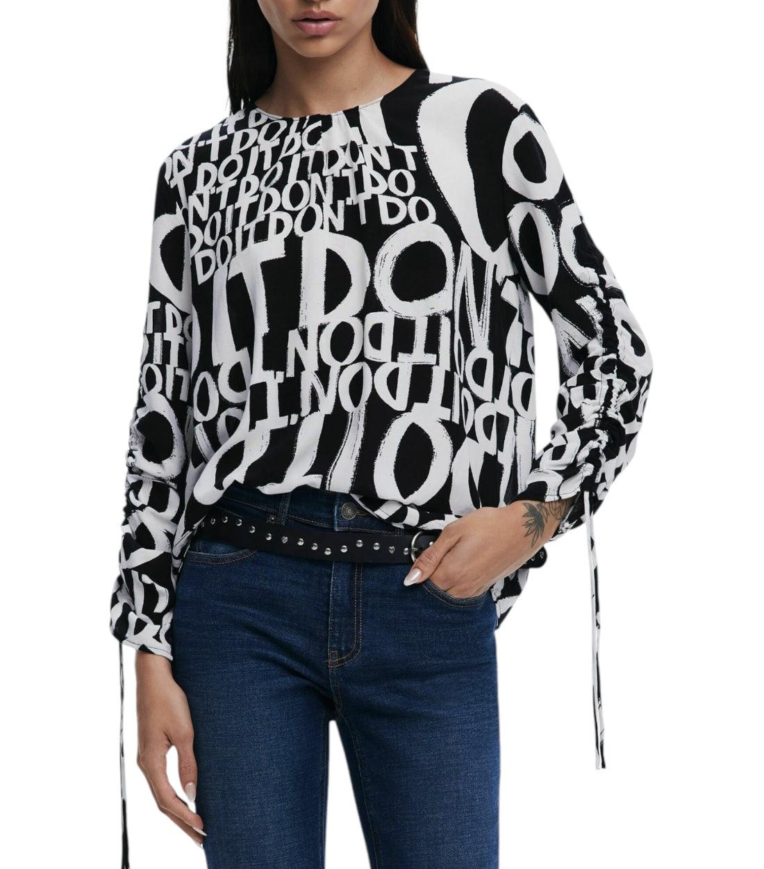 Desigual Zwarte Blouse Met Letters En Strik