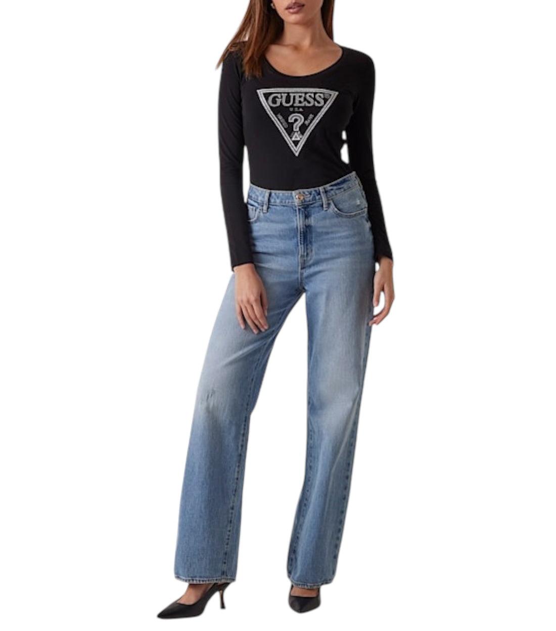 Guess Driehoekig Logo T-shirt Met Strass Steentjes