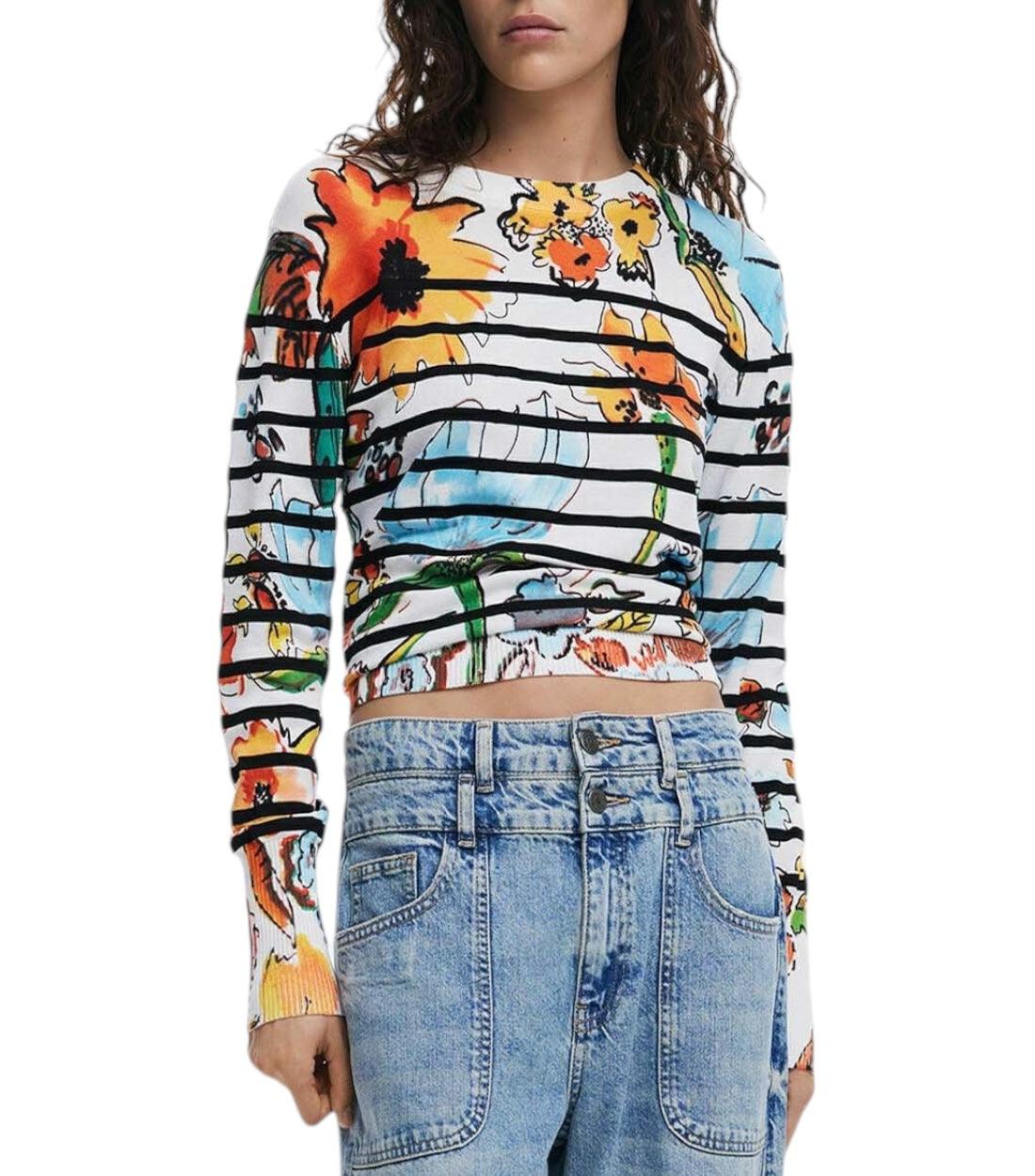 Desigual Witte Gestreepte Floral Trui