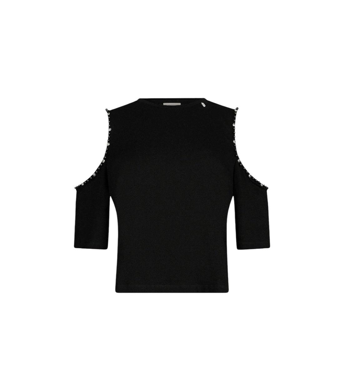 Liu Jo Zwart Open Mouw T-shirt Met Kralen