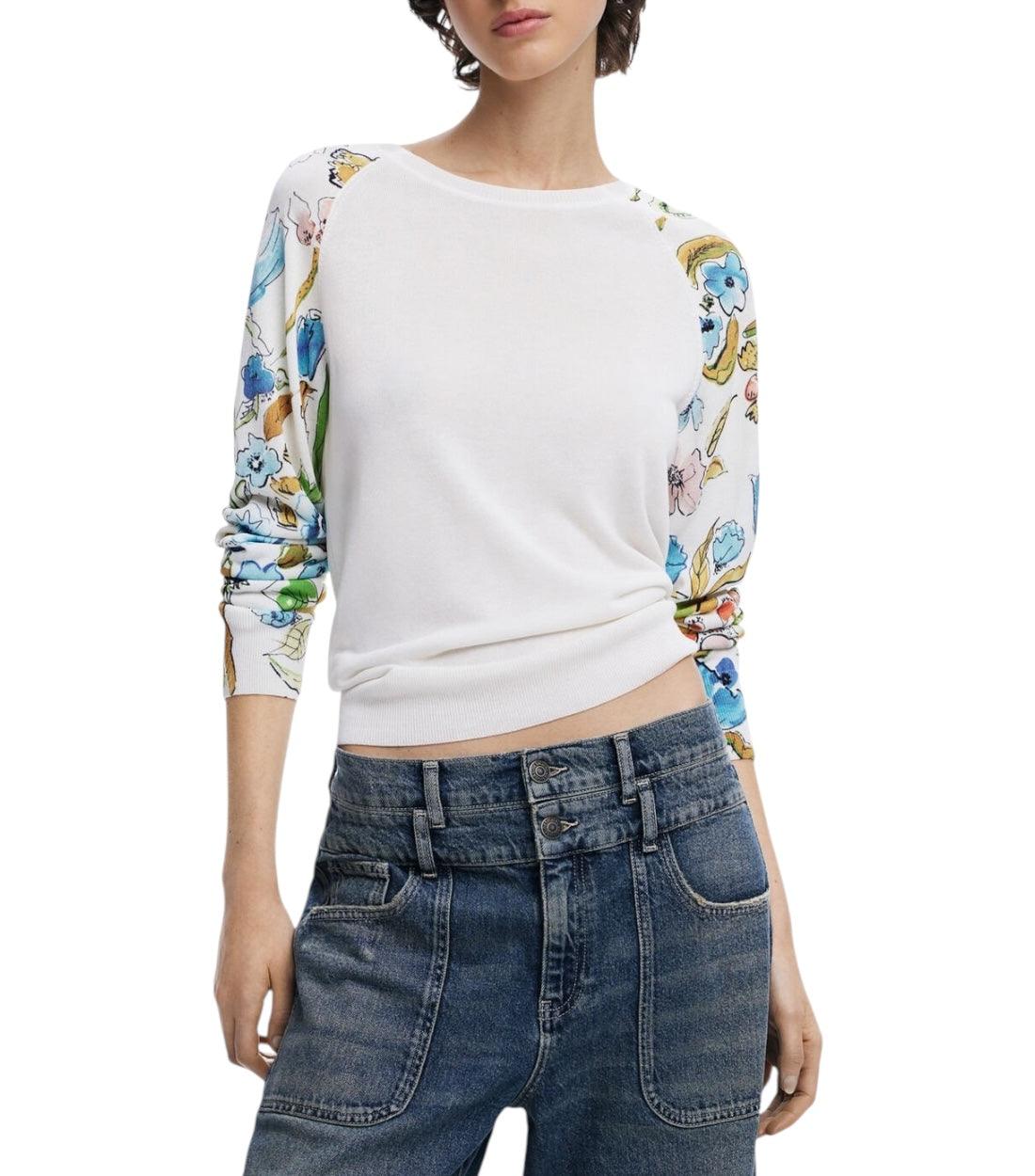 Desigual Witte Trui Met Bloemenmouwen